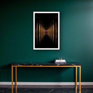 Dark Luxury Wall Art art print on a brass and black console vignette