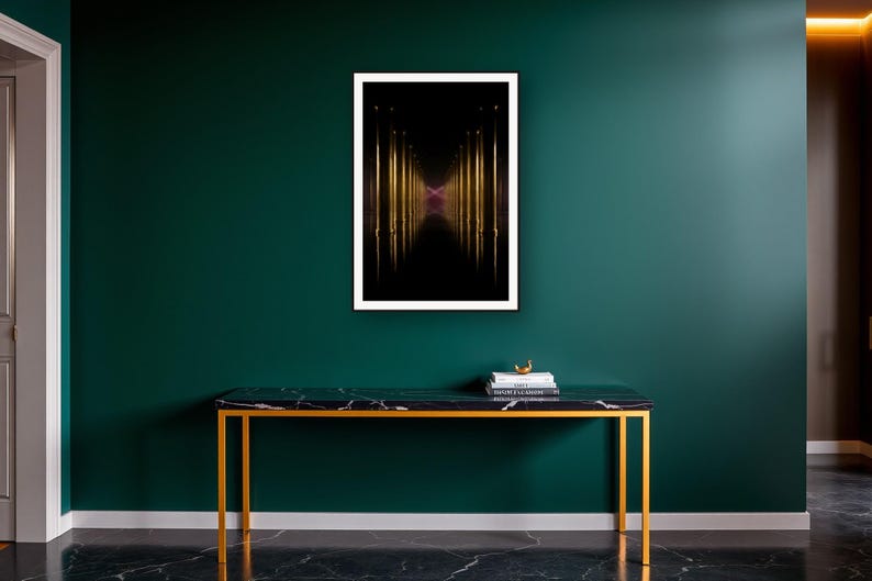 Dark Luxury Wall Art art print on a brass and black console vignette
