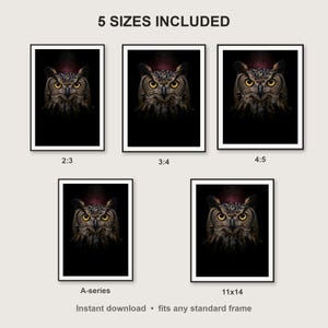 Owl Wall Art print size chart - 5 ratios included: 2:3, 3:4, 4:5, 11x14, ISO A