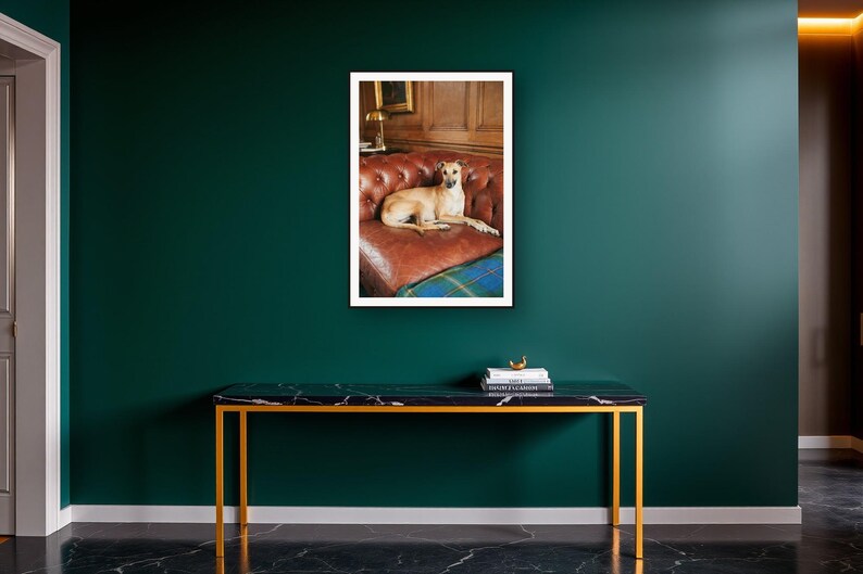 Whippet Wall Art art print on a brass and black console vignette