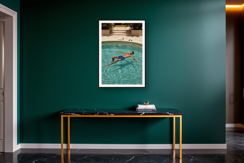 Pool Float Wall Art art print on a brass and black console vignette
