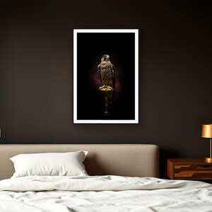 Falcon Wall Art art print framed in a dark luxury bedroom