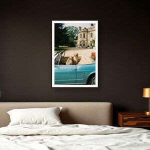Golden Retriever Wall Art art print framed in a dark luxury bedroom