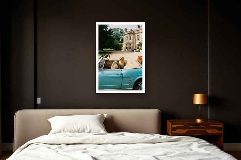 Golden Retriever Wall Art art print framed in a dark luxury bedroom