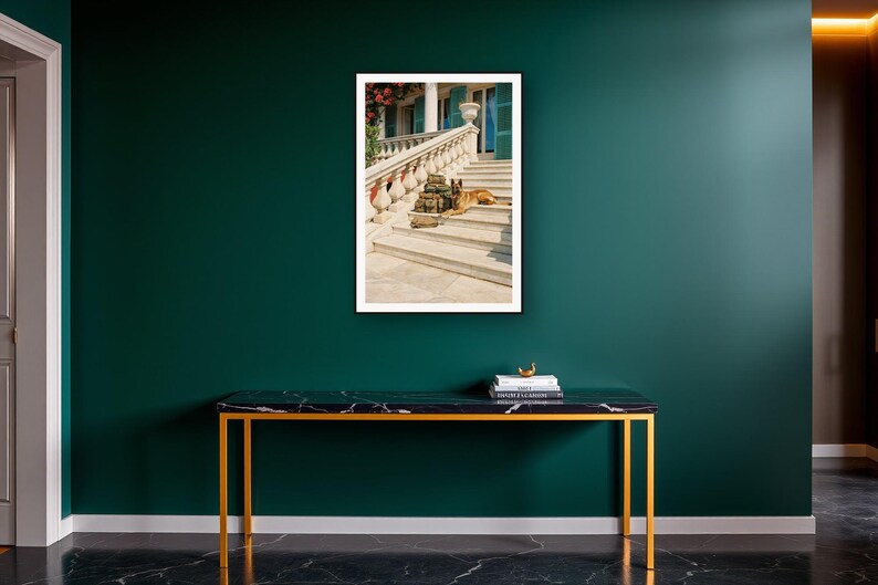 Belgian Malinois Wall Art art print on a brass and black console vignette