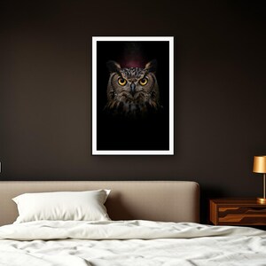 Owl Wall Art art print framed in a dark luxury bedroom