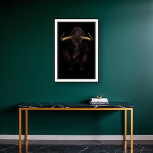 Bull Wall Art III art print on a brass and black console vignette