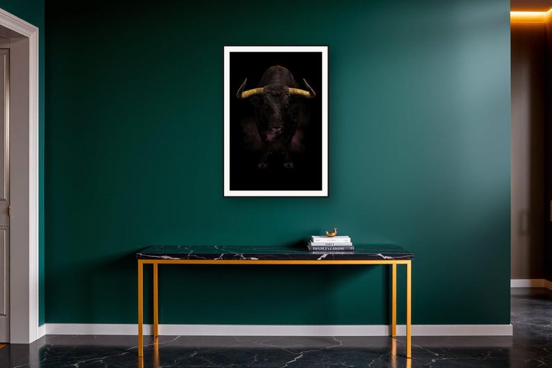 Bull Wall Art III art print on a brass and black console vignette