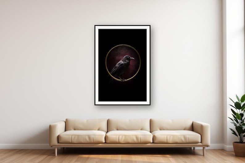 Raven messing ring print | Zwartgoud gotische decoratie (digitale download) afbeelding 1