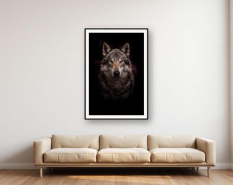 Wolf Print | Brass Rimmed Eyes, Black Gold Animal Decor (Digital Download)