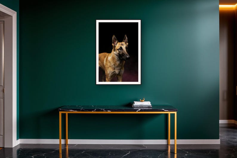 Belgian Malinois Wall Art II art print on a brass and black console vignette