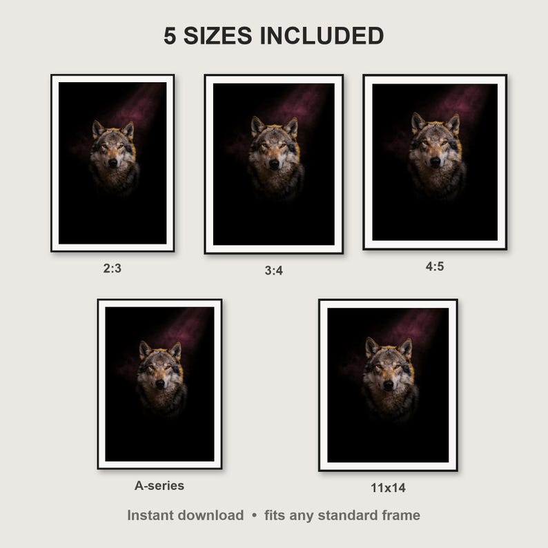 Wolf Wall Art print size chart - 5 ratios included: 2:3, 3:4, 4:5, 11x14, ISO A