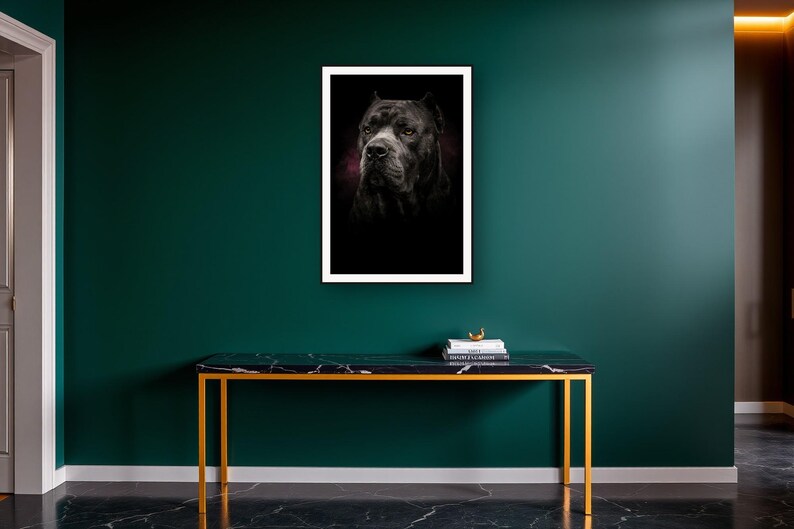 Cane Corso Wall Art II art print on a brass and black console vignette