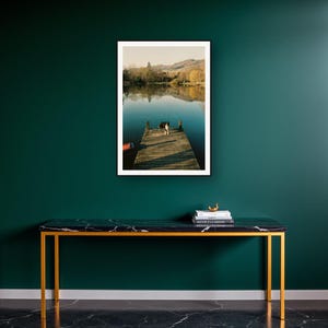 Border Collie Wall Art art print on a brass and black console vignette