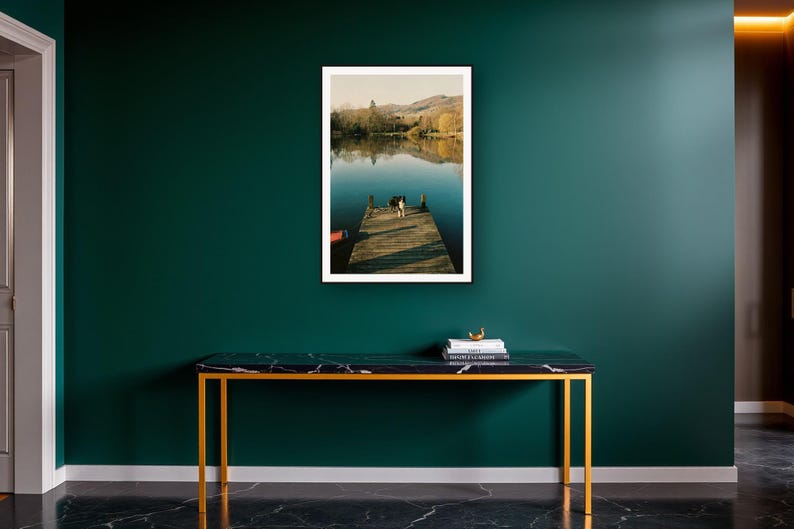Border Collie Wall Art art print on a brass and black console vignette