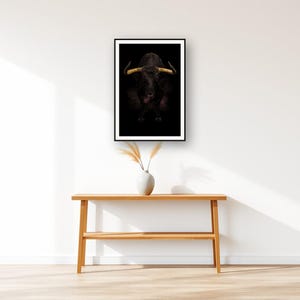 Bull Wall Art III art print displayed above an entry console table