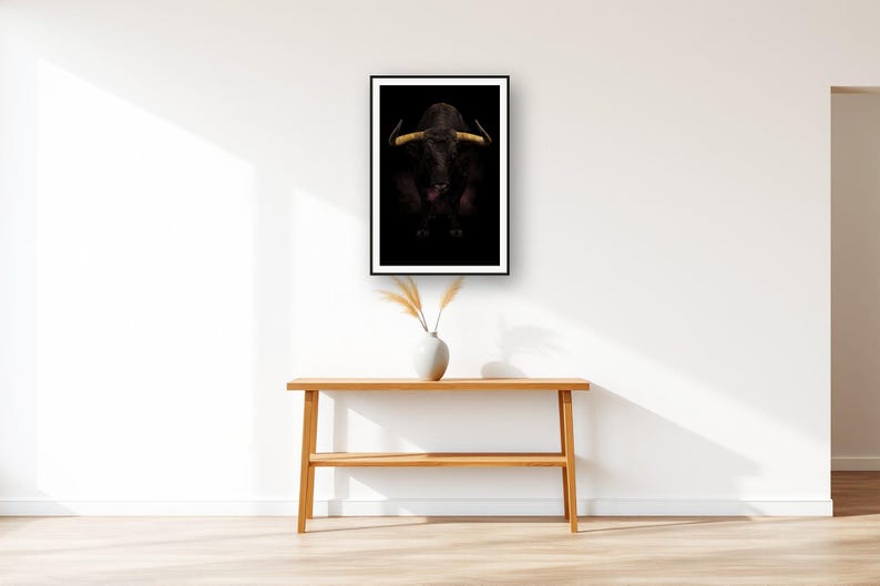 Bull Wall Art III art print displayed above an entry console table