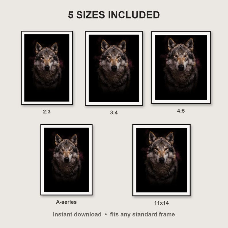 Wolf Wall Art III print size chart - 5 ratios included: 2:3, 3:4, 4:5, 11x14, ISO A