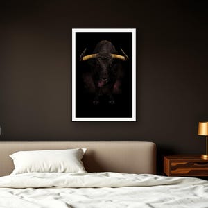 Bull Wall Art III art print framed in a dark luxury bedroom