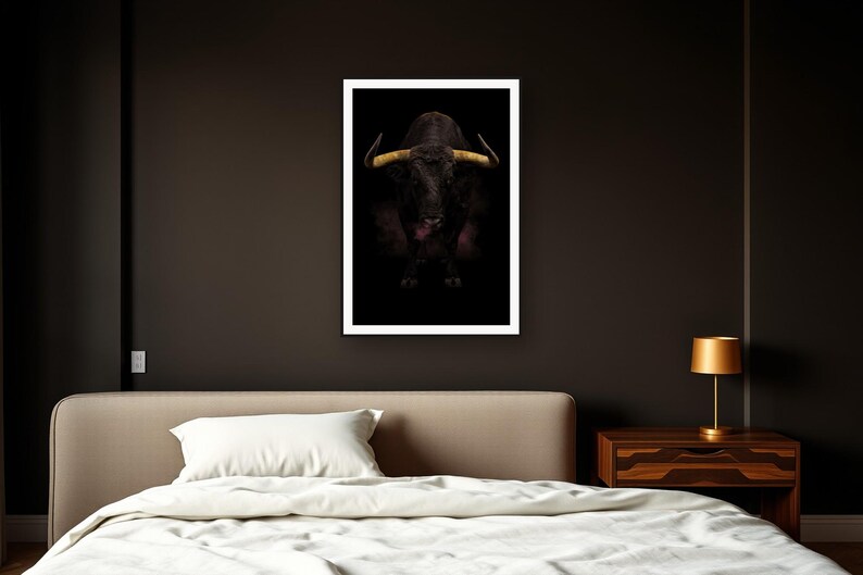 Bull Wall Art III art print framed in a dark luxury bedroom