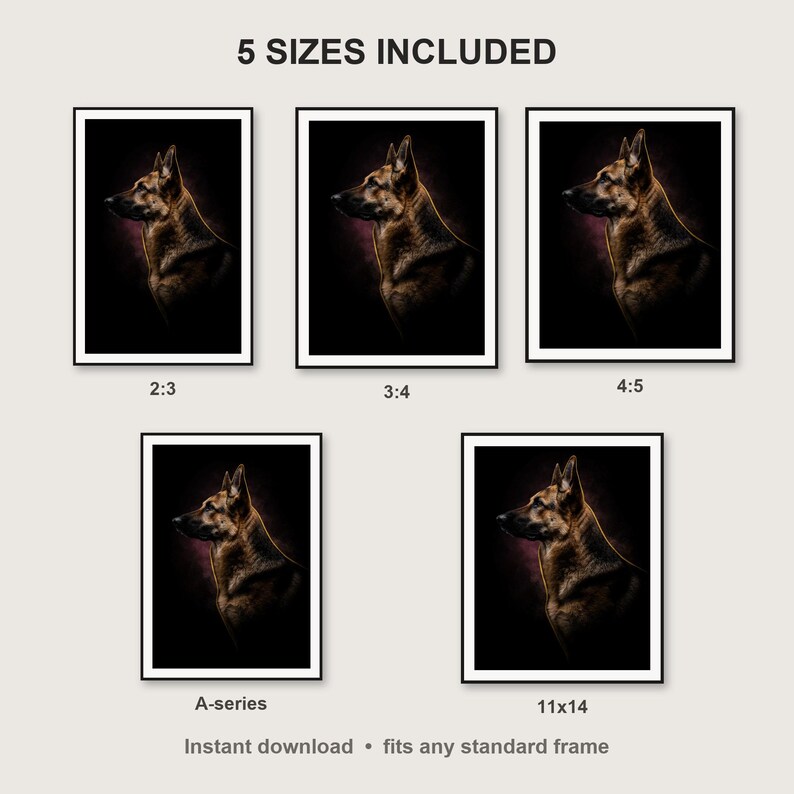 German Shepherd Wall Art print size chart - 5 ratios included: 2:3, 3:4, 4:5, 11x14, ISO A
