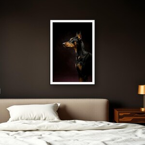 Doberman Wall Art art print framed in a dark luxury bedroom