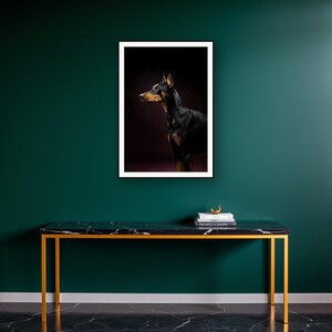 Doberman Wall Art II art print on a brass and black console vignette