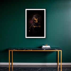 Rottweiler Wall Art art print on a brass and black console vignette