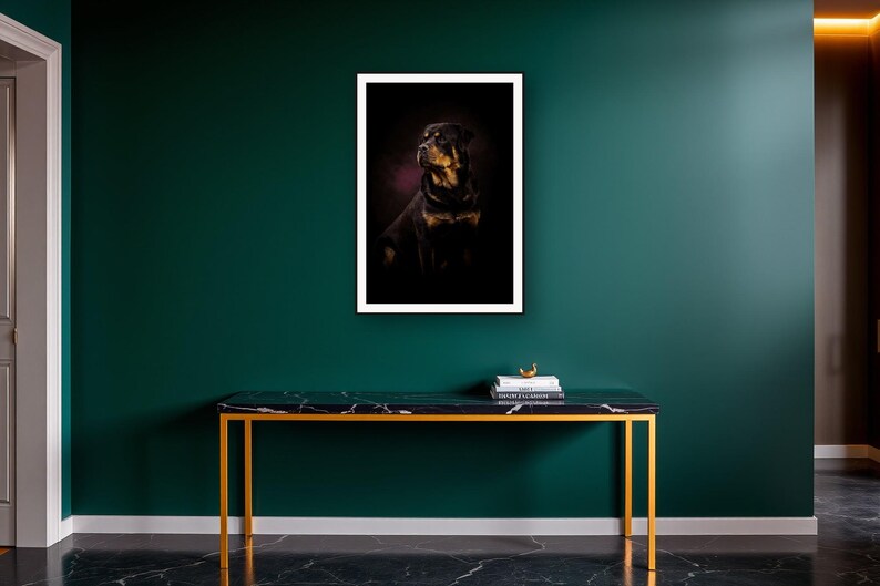 Rottweiler Wall Art art print on a brass and black console vignette