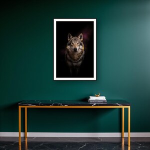 Wolf Wall Art II art print on a brass and black console vignette