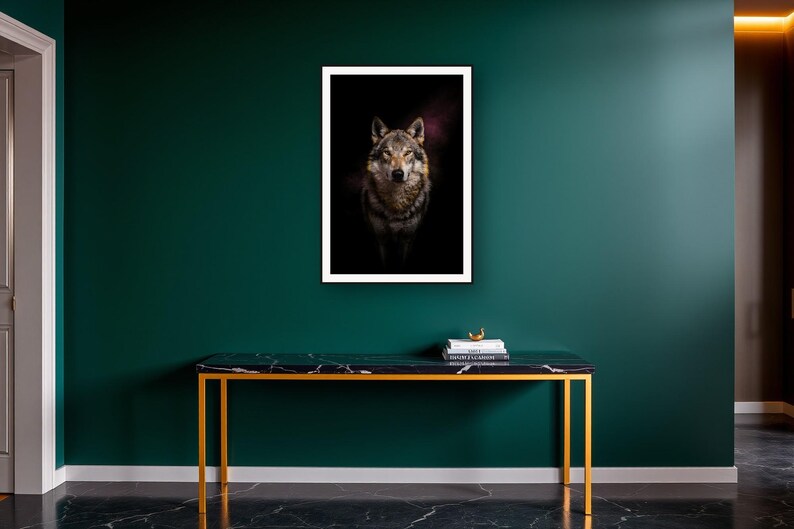 Wolf Wall Art II art print on a brass and black console vignette
