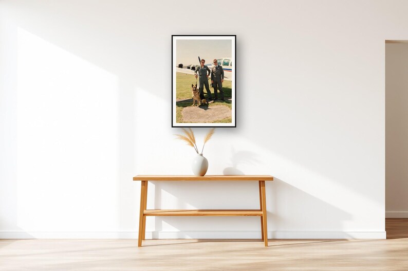 German Shepherd Wall Art art print displayed above an entry console table
