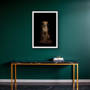 Cheetah Wall Art art print on a brass and black console vignette