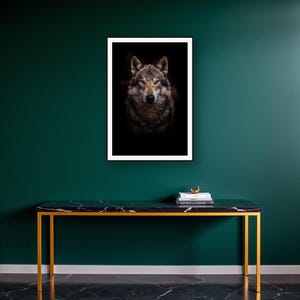 Wolf Wall Art III art print on a brass and black console vignette
