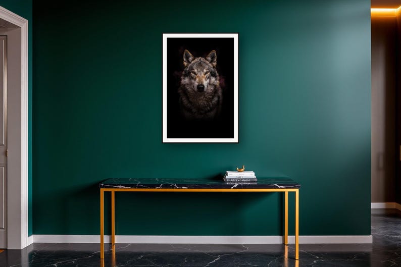 Wolf Wall Art III art print on a brass and black console vignette