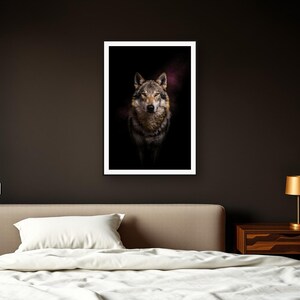Wolf Wall Art II art print framed in a dark luxury bedroom