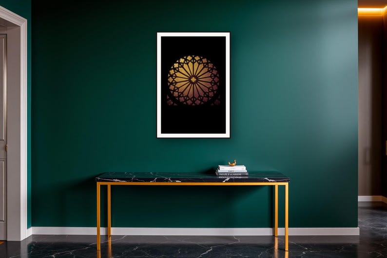Dark Luxury Wall Art art print on a brass and black console vignette