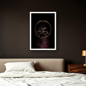 Serpent Wall Art art print framed in a dark luxury bedroom