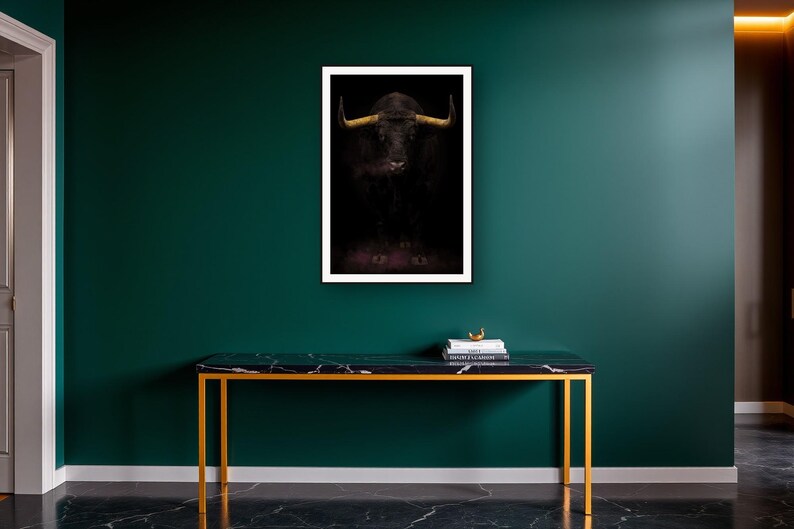 Bull Wall Art II art print on a brass and black console vignette