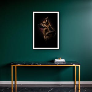 German Shepherd Wall Art art print on a brass and black console vignette