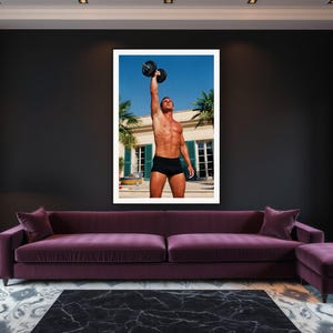 Dumbbell Press Wall Art art print framed in a luxury living room