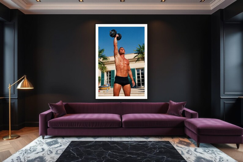 Dumbbell Press Wall Art art print framed in a luxury living room