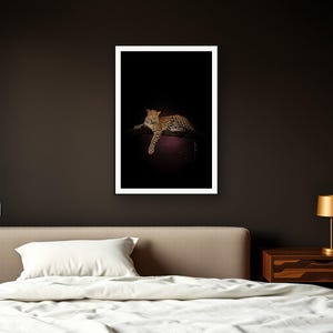 Leopard Wall Art art print framed in a dark luxury bedroom