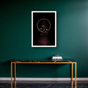 Serpent Wall Art II art print on a brass and black console vignette