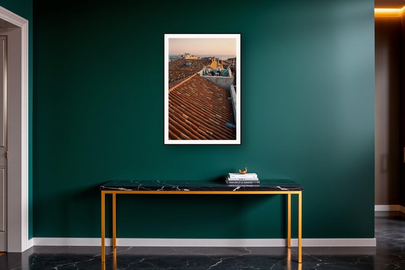 German Shepherd Wall Art art print on a brass and black console vignette