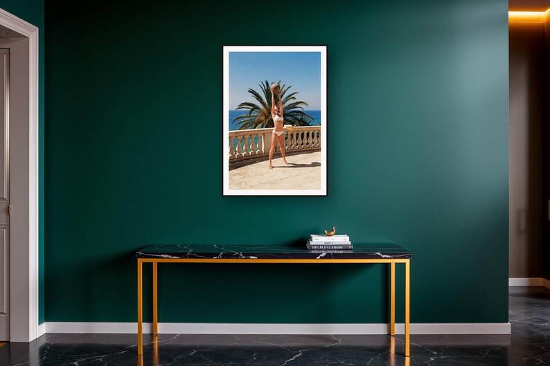 Medicine Ball Wall Art art print on a brass and black console vignette
