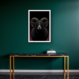Ram Wall Art art print on a brass and black console vignette