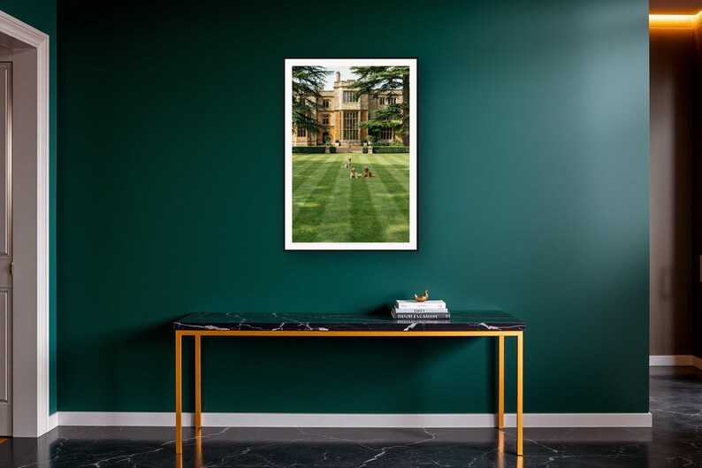 English Setter Wall Art art print on a brass and black console vignette
