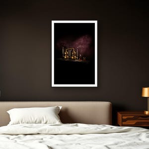Alchemy Wall Art art print framed in a dark luxury bedroom
