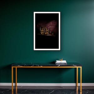 Alchemy Wall Art art print on a brass and black console vignette